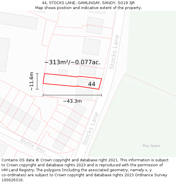 44, STOCKS LANE, GAMLINGAY, SANDY, SG19 3JR: Plot and title map