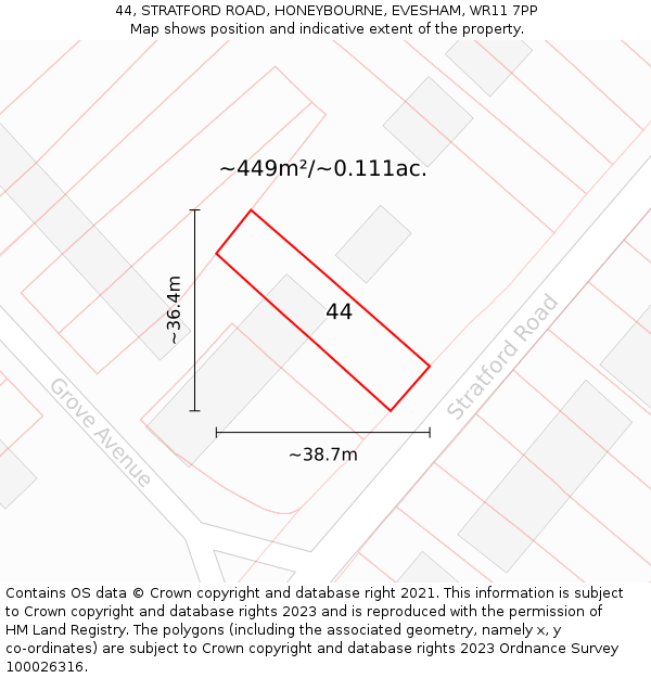 44, STRATFORD ROAD, HONEYBOURNE, EVESHAM, WR11 7PP: Plot and title map