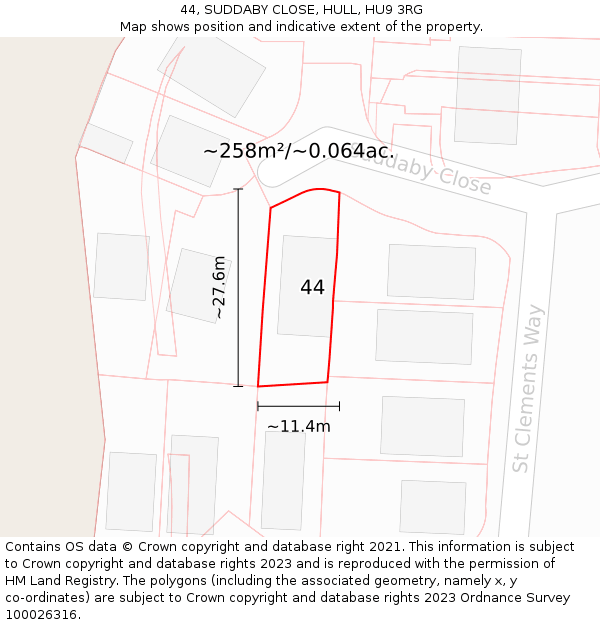 44, SUDDABY CLOSE, HULL, HU9 3RG: Plot and title map
