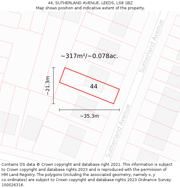 44, SUTHERLAND AVENUE, LEEDS, LS8 1BZ: Plot and title map