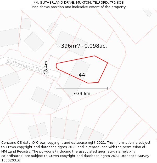 44, SUTHERLAND DRIVE, MUXTON, TELFORD, TF2 8QB: Plot and title map