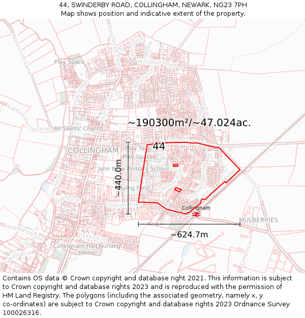 44, SWINDERBY ROAD, COLLINGHAM, NEWARK, NG23 7PH: Plot and title map