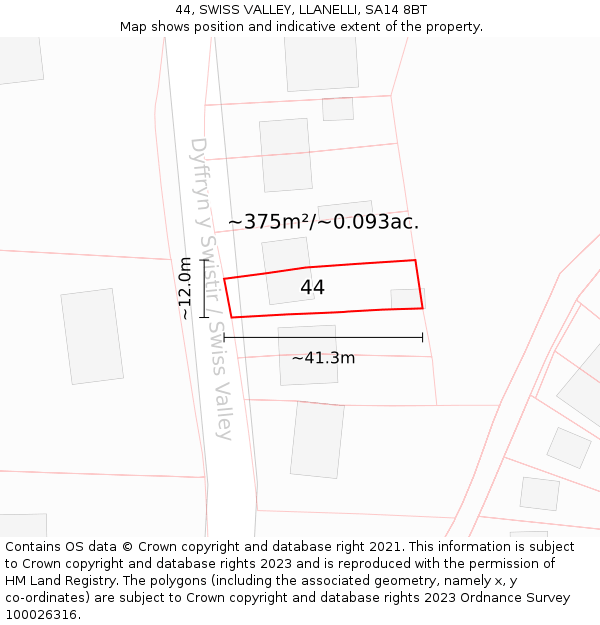 44, SWISS VALLEY, LLANELLI, SA14 8BT: Plot and title map