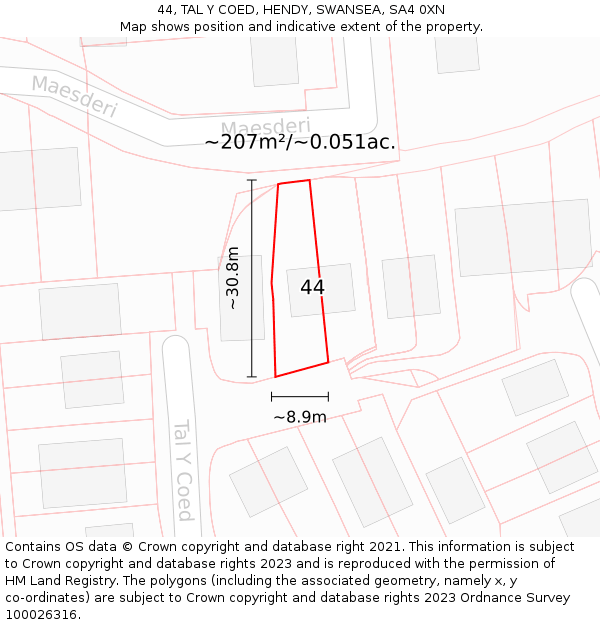 44, TAL Y COED, HENDY, SWANSEA, SA4 0XN: Plot and title map