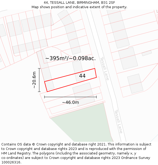 44, TESSALL LANE, BIRMINGHAM, B31 2SF: Plot and title map