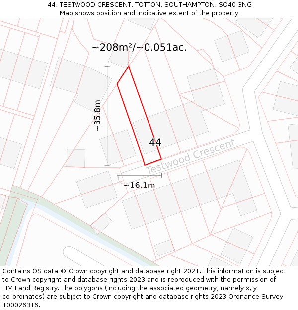 44, TESTWOOD CRESCENT, TOTTON, SOUTHAMPTON, SO40 3NG: Plot and title map