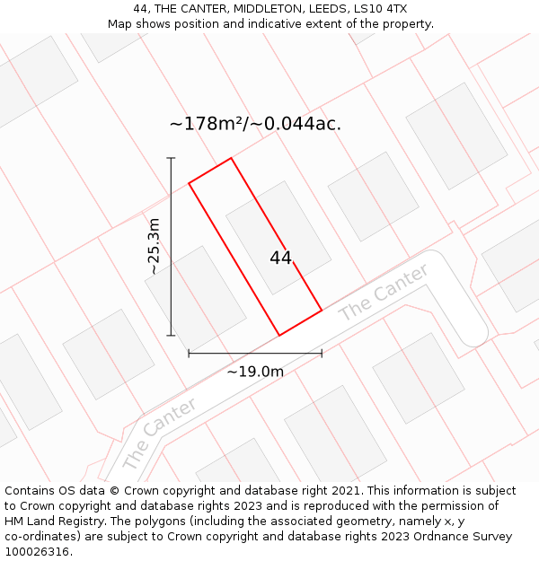 44, THE CANTER, MIDDLETON, LEEDS, LS10 4TX: Plot and title map