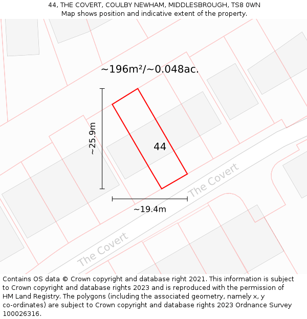 44, THE COVERT, COULBY NEWHAM, MIDDLESBROUGH, TS8 0WN: Plot and title map