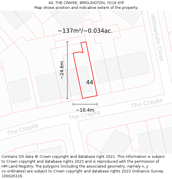 44, THE CRAYKE, BRIDLINGTON, YO16 6YP: Plot and title map