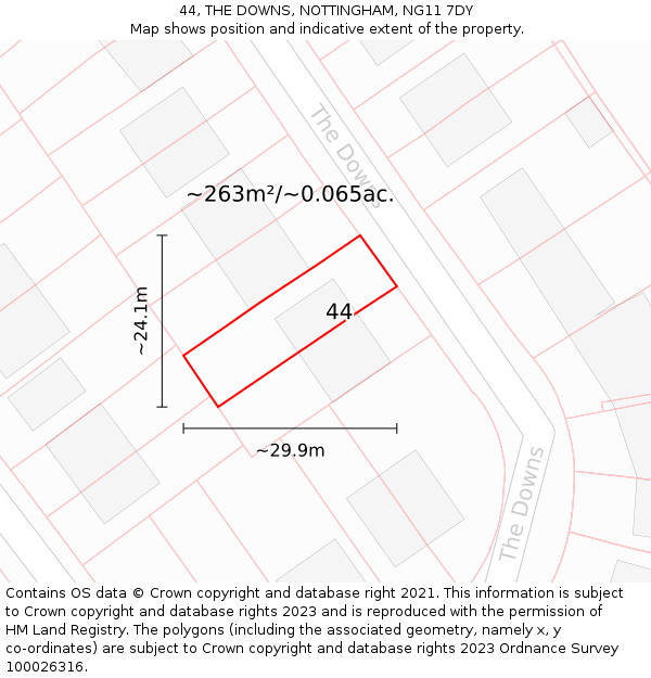 44, THE DOWNS, NOTTINGHAM, NG11 7DY: Plot and title map