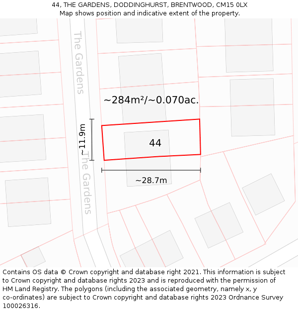 44, THE GARDENS, DODDINGHURST, BRENTWOOD, CM15 0LX: Plot and title map