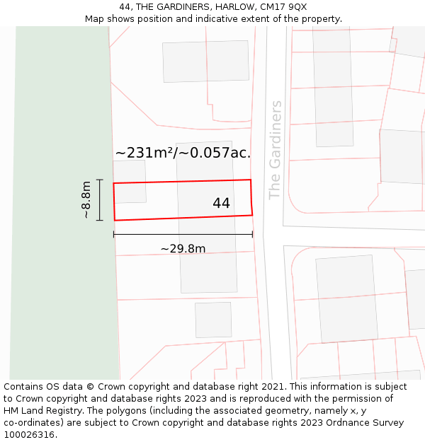 44, THE GARDINERS, HARLOW, CM17 9QX: Plot and title map