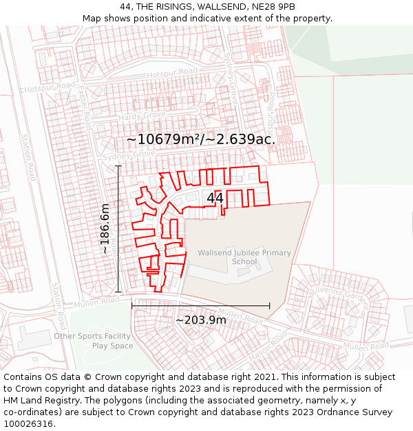 44, THE RISINGS, WALLSEND, NE28 9PB: Plot and title map