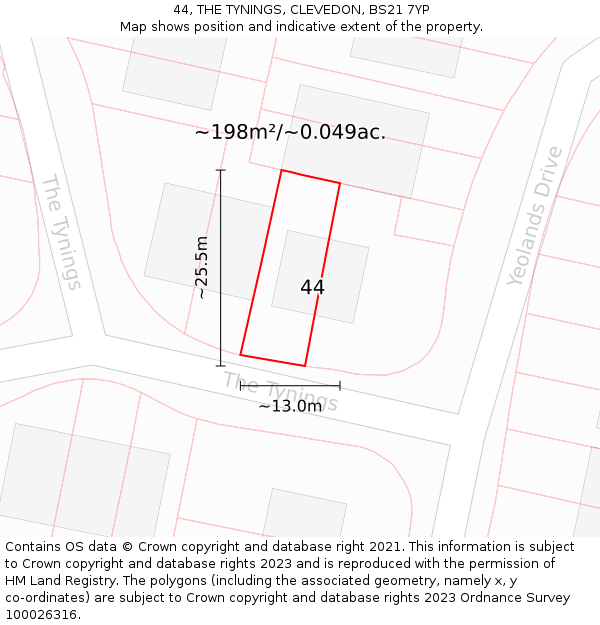 44, THE TYNINGS, CLEVEDON, BS21 7YP: Plot and title map