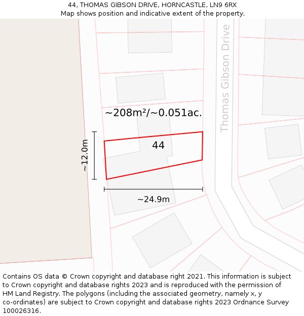 44, THOMAS GIBSON DRIVE, HORNCASTLE, LN9 6RX: Plot and title map