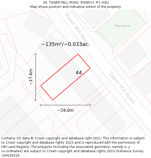 44, TOWER MILL ROAD, IPSWICH, IP1 4QG: Plot and title map