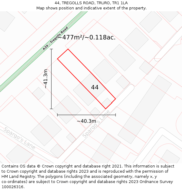 44, TREGOLLS ROAD, TRURO, TR1 1LA: Plot and title map