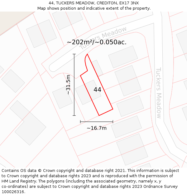 44, TUCKERS MEADOW, CREDITON, EX17 3NX: Plot and title map