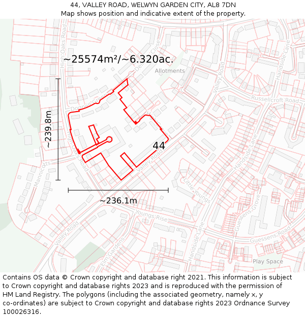 44, VALLEY ROAD, WELWYN GARDEN CITY, AL8 7DN: Plot and title map