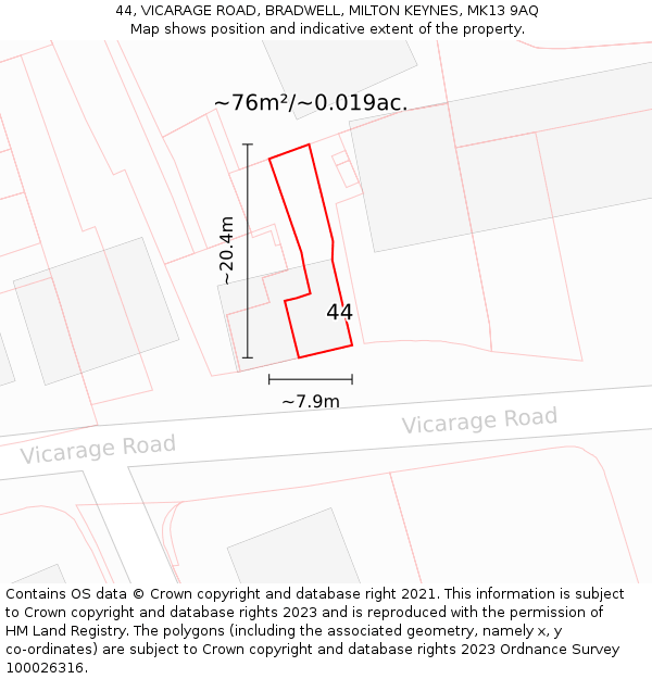 44, VICARAGE ROAD, BRADWELL, MILTON KEYNES, MK13 9AQ: Plot and title map