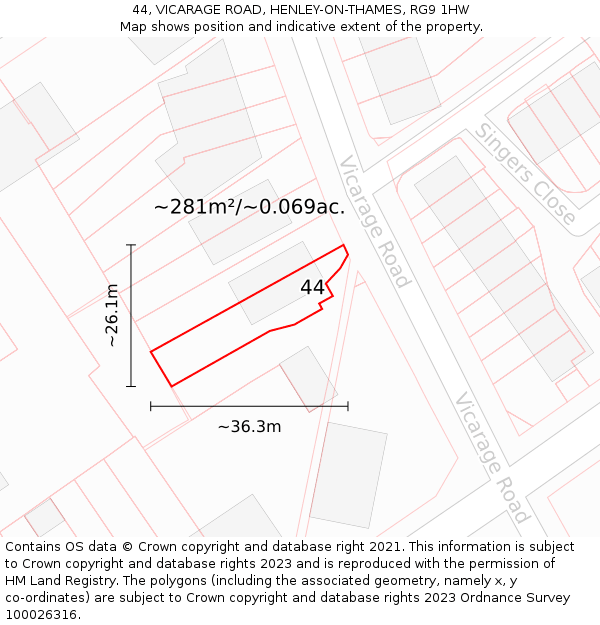 44, VICARAGE ROAD, HENLEY-ON-THAMES, RG9 1HW: Plot and title map