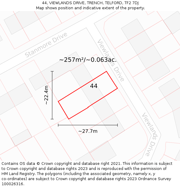 44, VIEWLANDS DRIVE, TRENCH, TELFORD, TF2 7DJ: Plot and title map