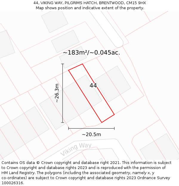 44, VIKING WAY, PILGRIMS HATCH, BRENTWOOD, CM15 9HX: Plot and title map