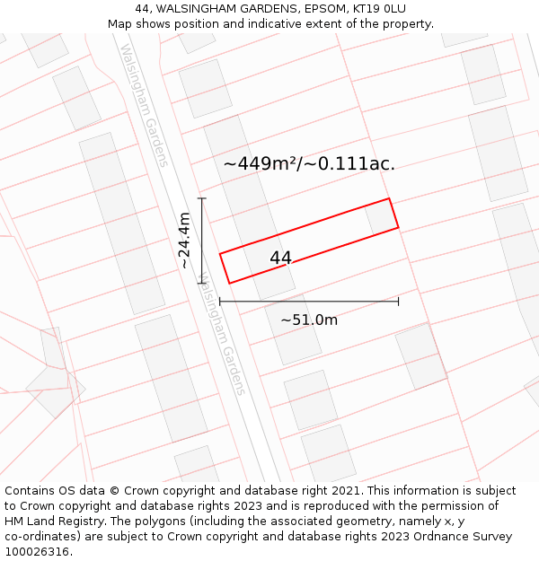 44, WALSINGHAM GARDENS, EPSOM, KT19 0LU: Plot and title map