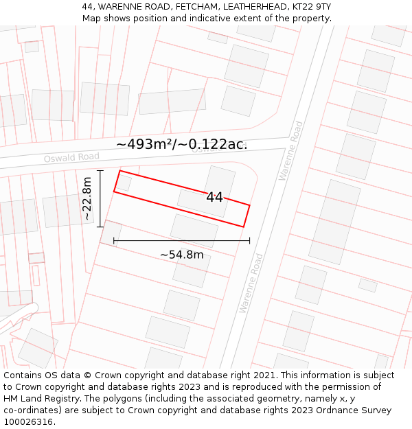 44, WARENNE ROAD, FETCHAM, LEATHERHEAD, KT22 9TY: Plot and title map