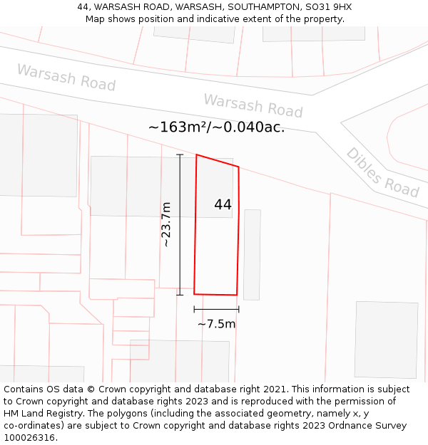 44, WARSASH ROAD, WARSASH, SOUTHAMPTON, SO31 9HX: Plot and title map