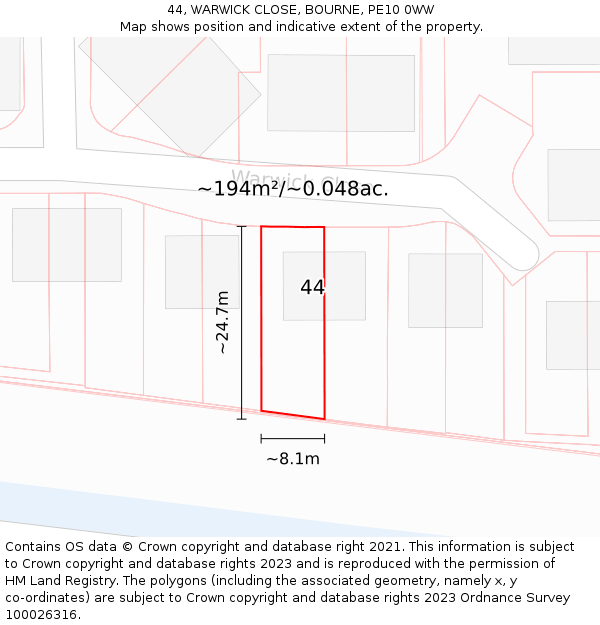 44, WARWICK CLOSE, BOURNE, PE10 0WW: Plot and title map