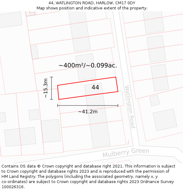 44, WATLINGTON ROAD, HARLOW, CM17 0DY: Plot and title map