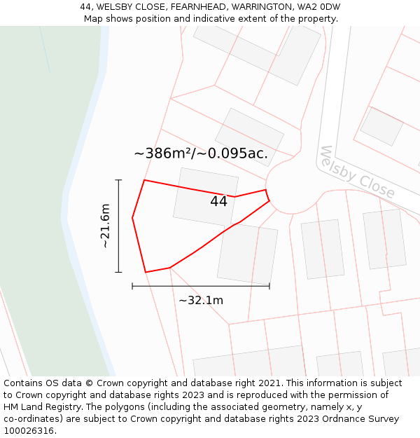 44, WELSBY CLOSE, FEARNHEAD, WARRINGTON, WA2 0DW: Plot and title map