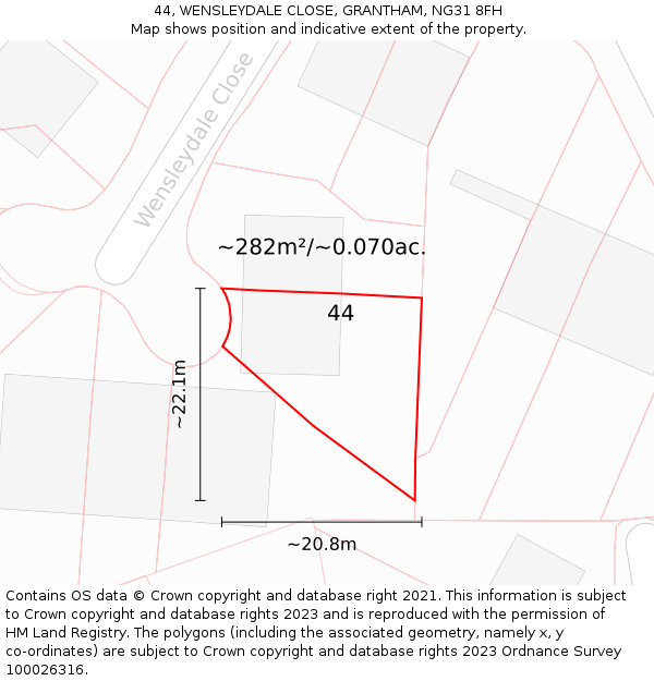 44, WENSLEYDALE CLOSE, GRANTHAM, NG31 8FH: Plot and title map