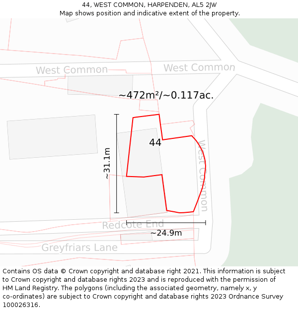 44, WEST COMMON, HARPENDEN, AL5 2JW: Plot and title map