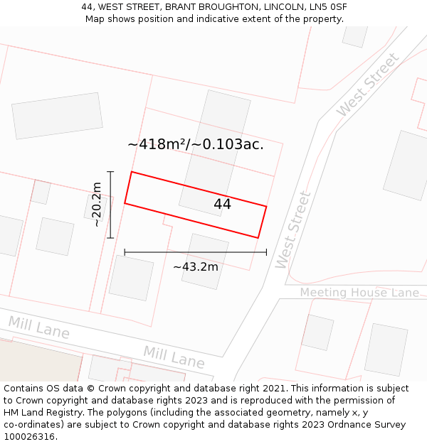 44, WEST STREET, BRANT BROUGHTON, LINCOLN, LN5 0SF: Plot and title map