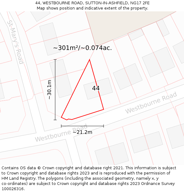 44, WESTBOURNE ROAD, SUTTON-IN-ASHFIELD, NG17 2FE: Plot and title map