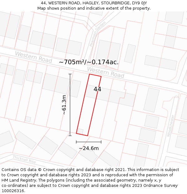 44, WESTERN ROAD, HAGLEY, STOURBRIDGE, DY9 0JY: Plot and title map