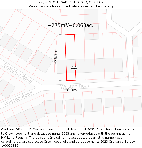 44, WESTON ROAD, GUILDFORD, GU2 8AW: Plot and title map