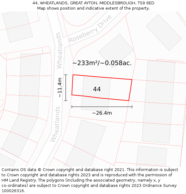 44, WHEATLANDS, GREAT AYTON, MIDDLESBROUGH, TS9 6ED: Plot and title map