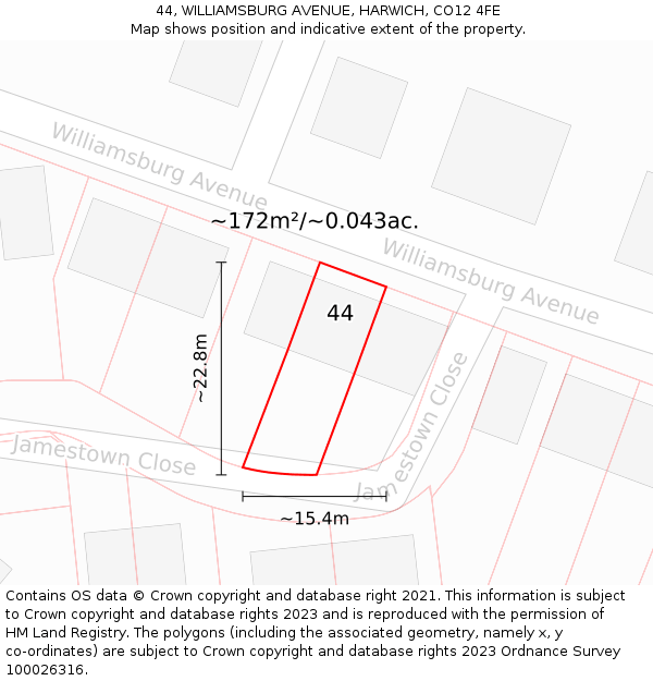 44, WILLIAMSBURG AVENUE, HARWICH, CO12 4FE: Plot and title map