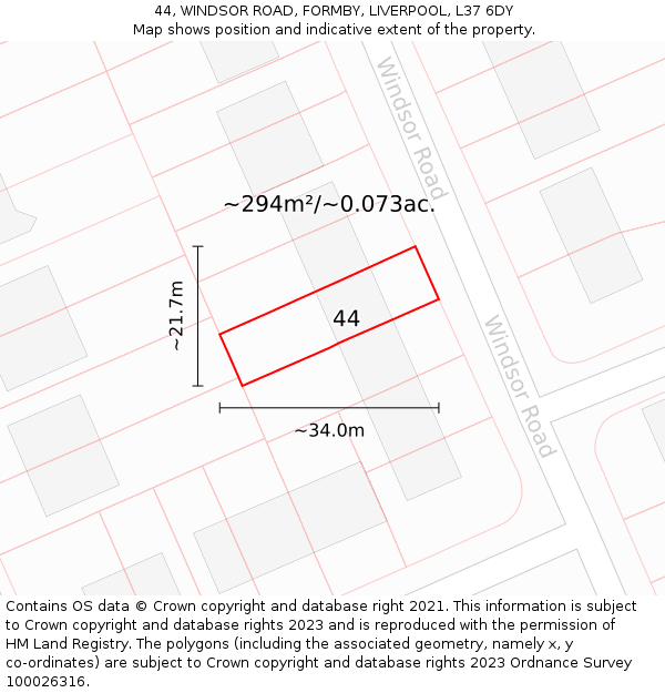 44, WINDSOR ROAD, FORMBY, LIVERPOOL, L37 6DY: Plot and title map