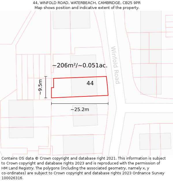 44, WINFOLD ROAD, WATERBEACH, CAMBRIDGE, CB25 9PR: Plot and title map