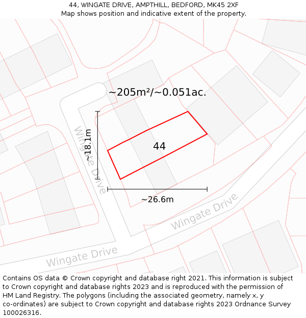 44, WINGATE DRIVE, AMPTHILL, BEDFORD, MK45 2XF: Plot and title map