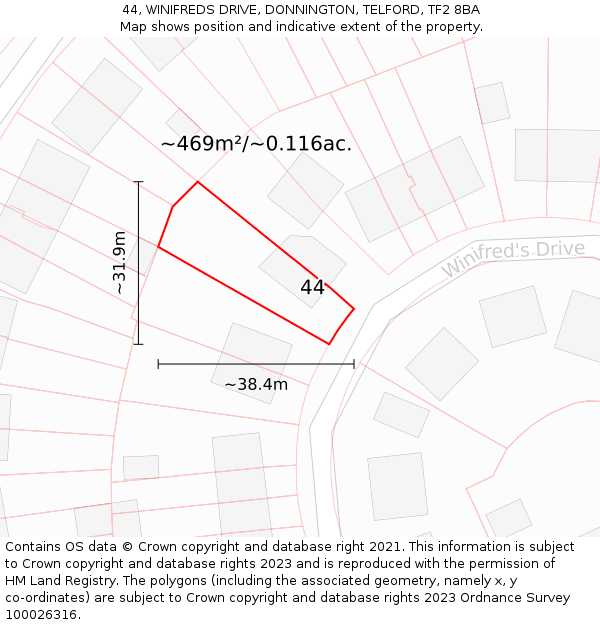 44, WINIFREDS DRIVE, DONNINGTON, TELFORD, TF2 8BA: Plot and title map