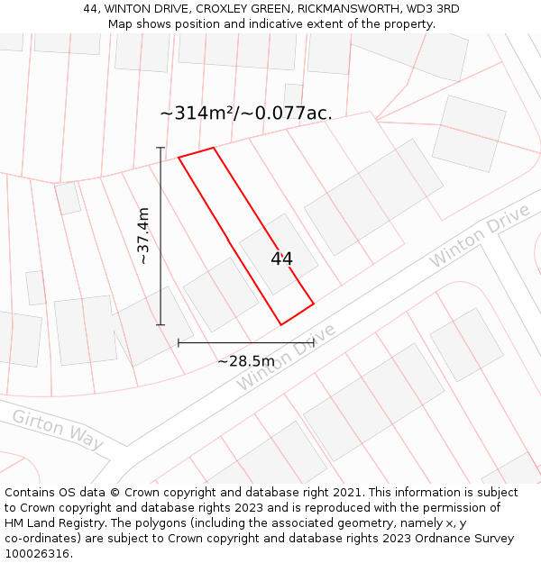 44, WINTON DRIVE, CROXLEY GREEN, RICKMANSWORTH, WD3 3RD: Plot and title map