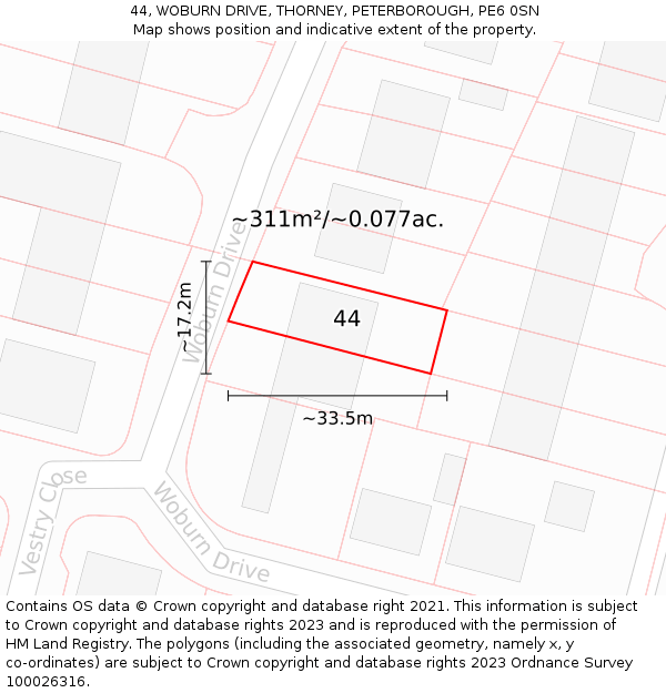 44, WOBURN DRIVE, THORNEY, PETERBOROUGH, PE6 0SN: Plot and title map