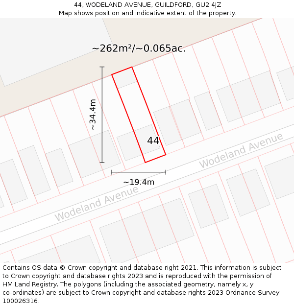 44, WODELAND AVENUE, GUILDFORD, GU2 4JZ: Plot and title map