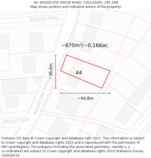 44, WOODCOTE GROVE ROAD, COULSDON, CR5 2AB: Plot and title map