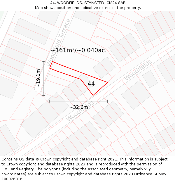 44, WOODFIELDS, STANSTED, CM24 8AR: Plot and title map